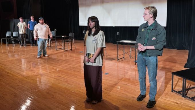 students rehearse for the stage production of 1984