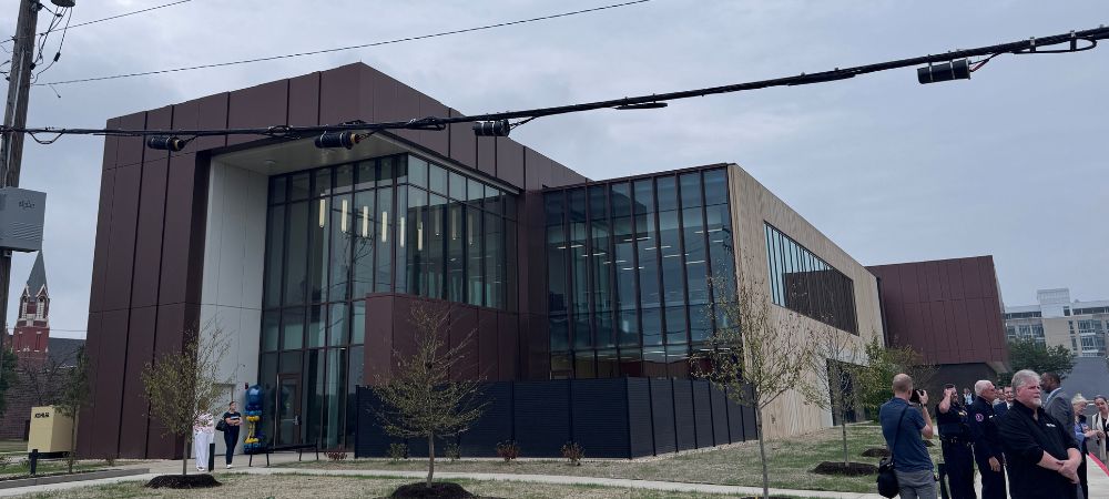 A large two-story building with concrete and metal exterior