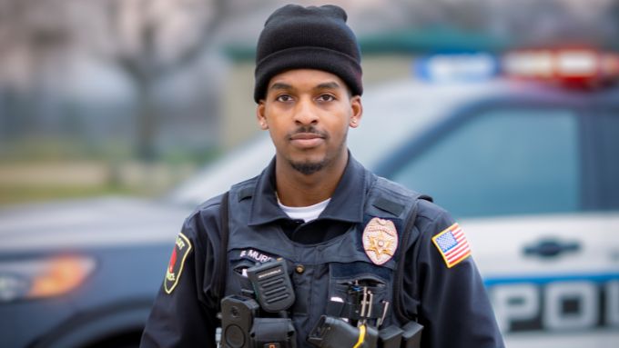 Young African American male wearing a police uniform