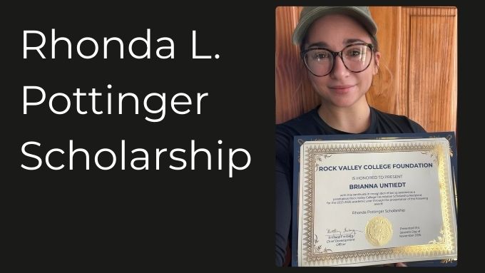 Rhonda L. Pottinger scholarship recipient holding certificate wearing green ball cap and black glasses