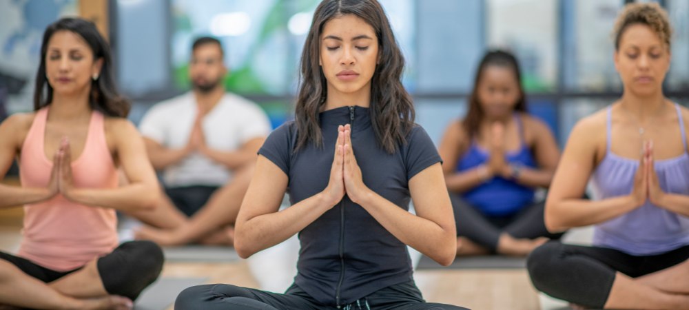 yoga class of people stretching