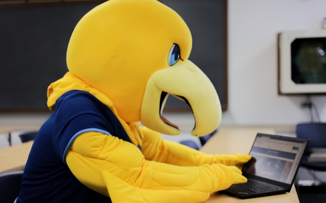 mascot Arvee pictured using laptop